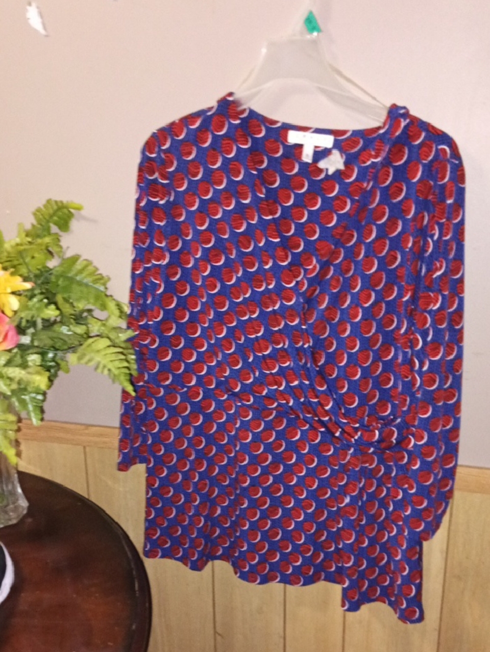 Twist-Front Blue & Red Patterned Long Sleeve Blouse